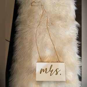 Acrylic White Mrs. Wedding Day Clutch with optional crossbody gold chain.